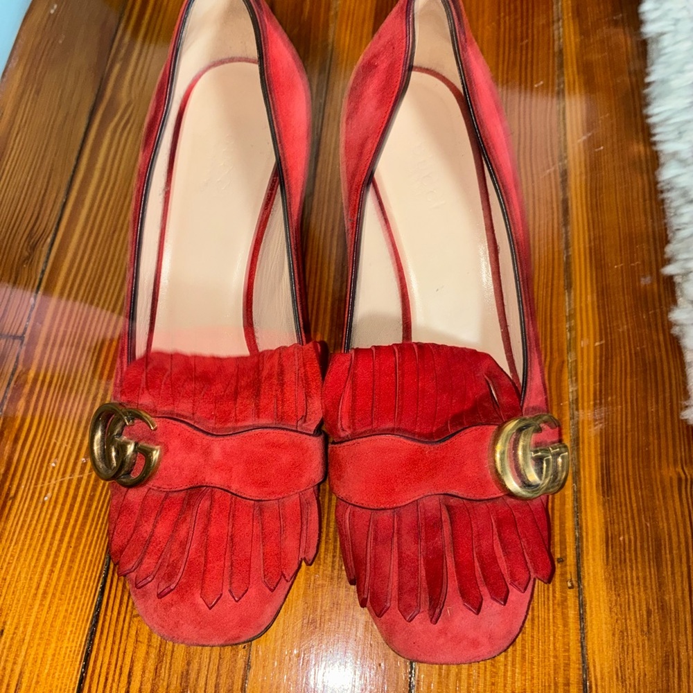 Gucci Red Fringe Loafers with Gold Accents